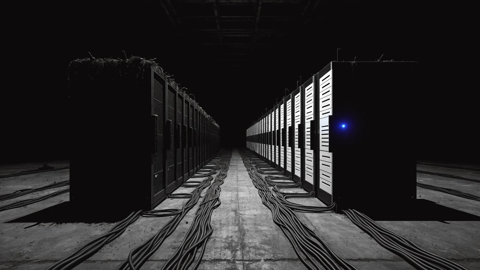 Converted mining hangar, one dead server row and one live row under blue light, syntetiQ analysis of compute laundering