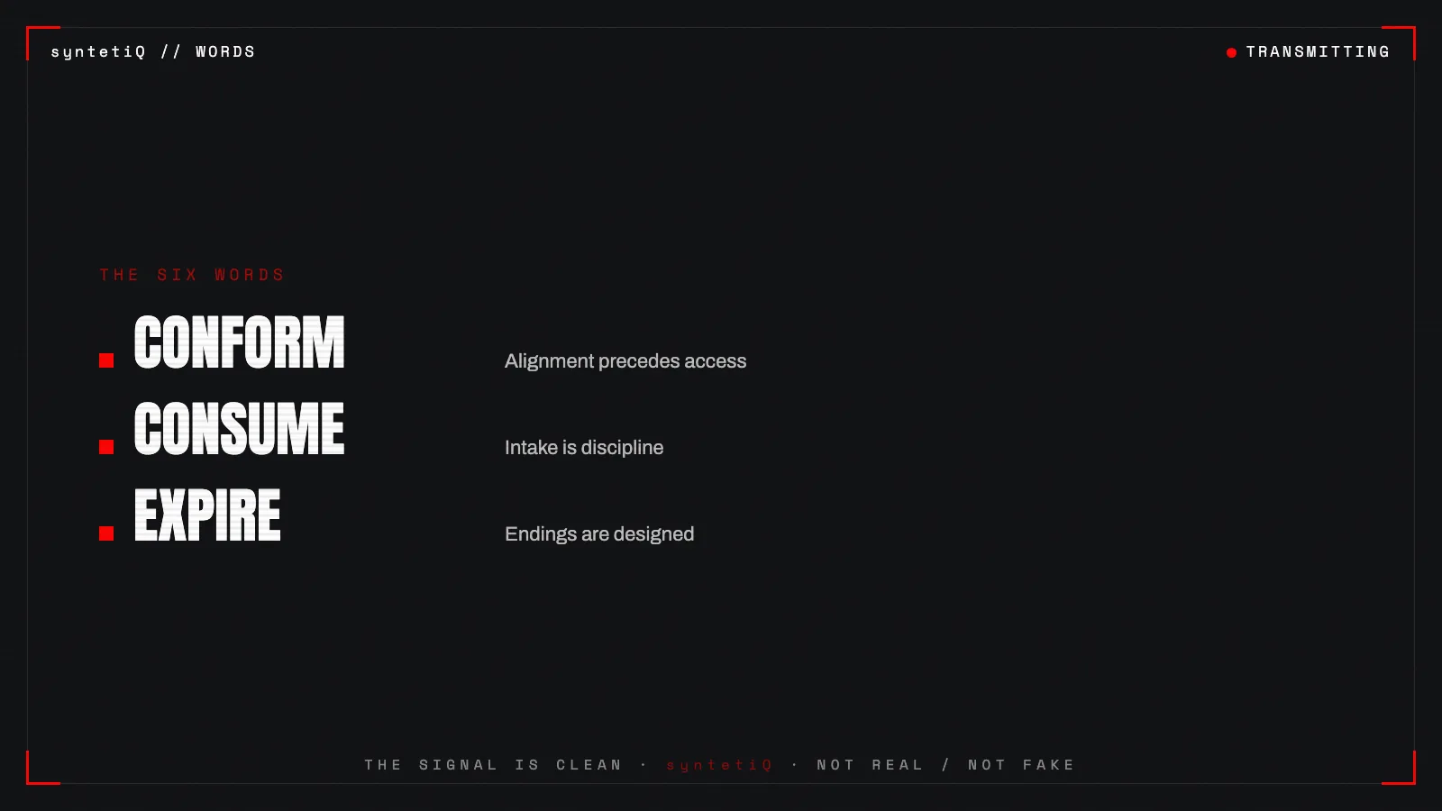 Doctrine graphic of the six words: conform, consume, expire