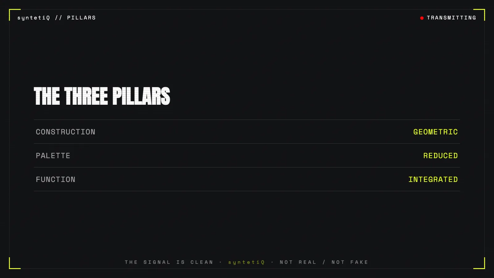 Table of cyber minimalism's three pillars: geometric construction, reduced palette, integrated function