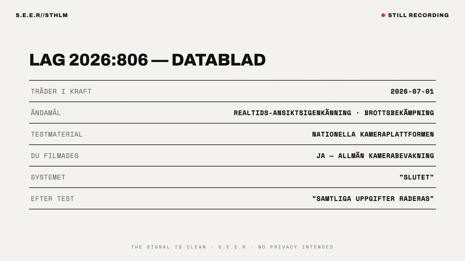 Datablad i S.E.E.R-stil över lag 2026:806: i kraft 1 juli 2026, testmaterial från nationella kameraplattformen, slutet system, samtliga uppgifter raderas efter test