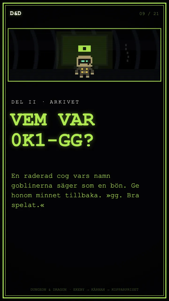 CRT-affisch: VEM VAR 0K1-GG? Den raderade coggen i arkivet.