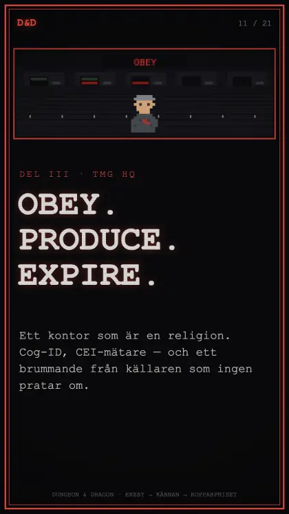 CRT-affisch: OBEY. PRODUCE. EXPIRE. Kontorslandskapet på TMG HQ.