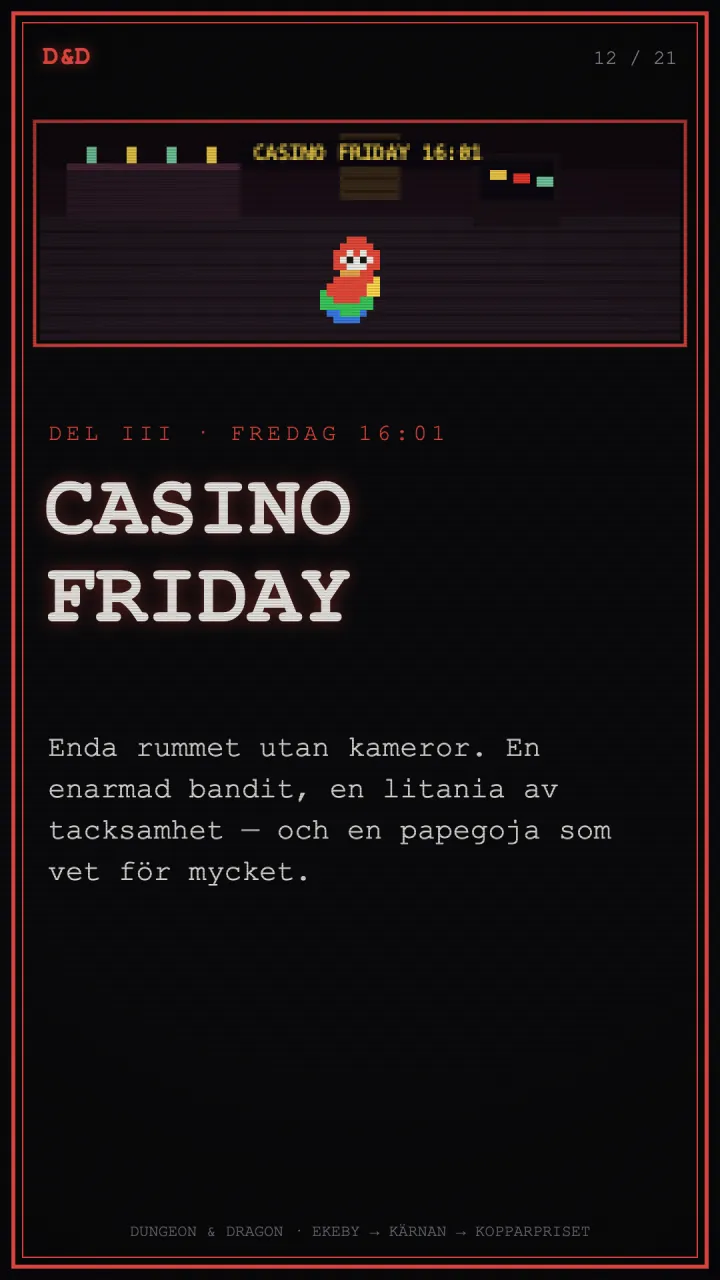 CRT-affisch: CASINO FRIDAY, rummet utan kameror.