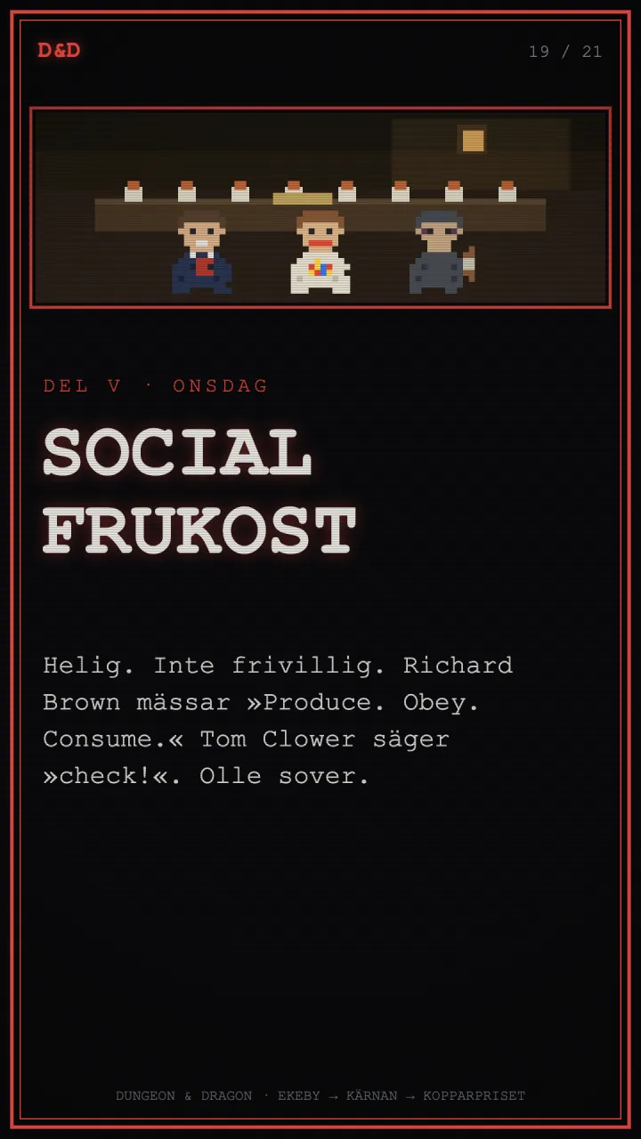 CRT-affisch: SOCIAL FRUKOST, den obligatoriska onsdagsritualen.