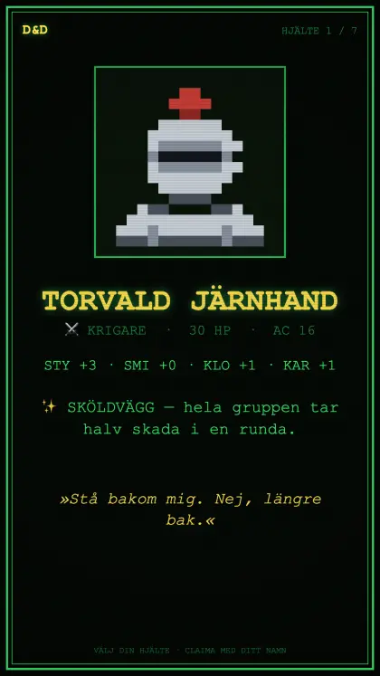 Hjältekort: Torvald Järnhand, krigare, 30 HP, AC 16.