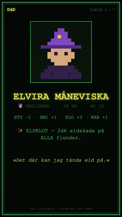 Hjältekort: Elvira Måneviska, trollkarl, 18 HP, AC 12.