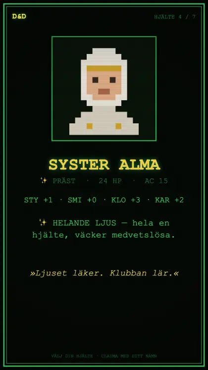 Hjältekort: Syster Alma, präst, 24 HP, AC 15.
