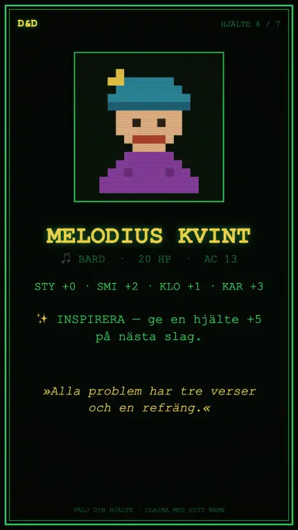 Hjältekort: Melodius Kvint, bard.