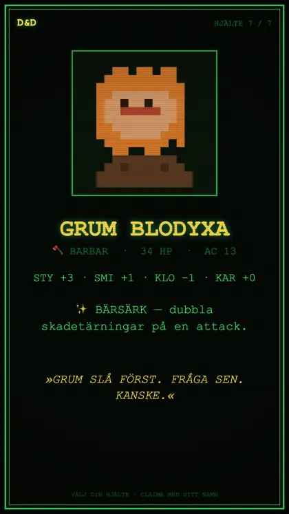 Hjältekort: Grum Blodyxa, barbar.