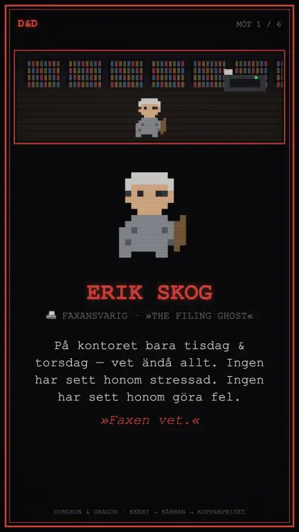 Karaktärskort: Erik Skog, faxansvarig, »The Filing Ghost«.