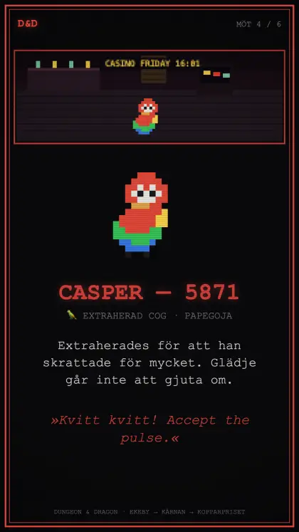 Karaktärskort: Casper 5871, extraherad cog i papegojform.