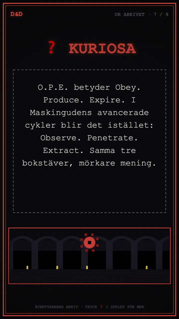 Kuriosakort om O.P.E. — Obey, Produce, Expire.